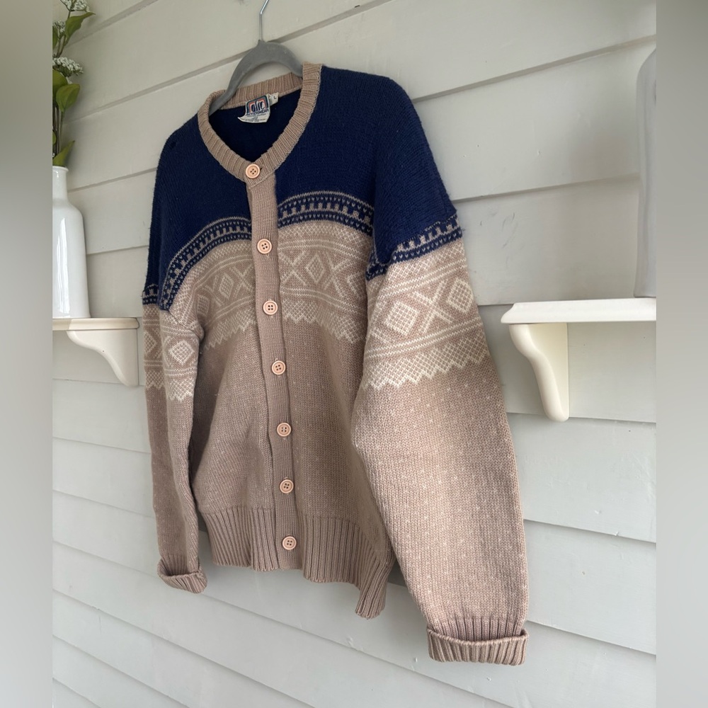 Vintage ARC Actionwear Men’s Beige and Blue Nordic Wool Cardigan Sweater Size L - Picture 9 of 11